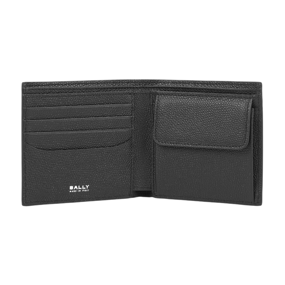 BALLY 銀字Logo 粒紋小牛皮對開零錢袋短夾(黑色), , large