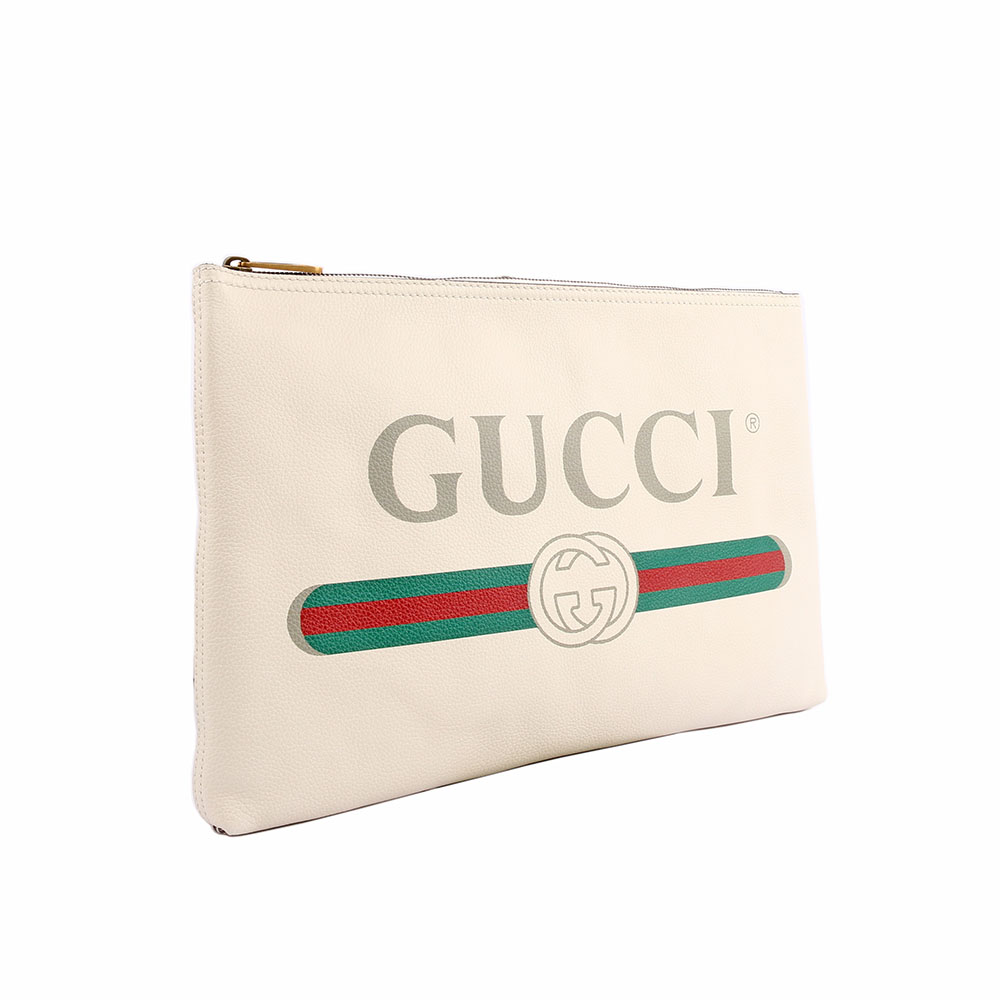 GUCCI LOGO CLUTCH小牛皮復古綠紅綠手拿包/白色, , large