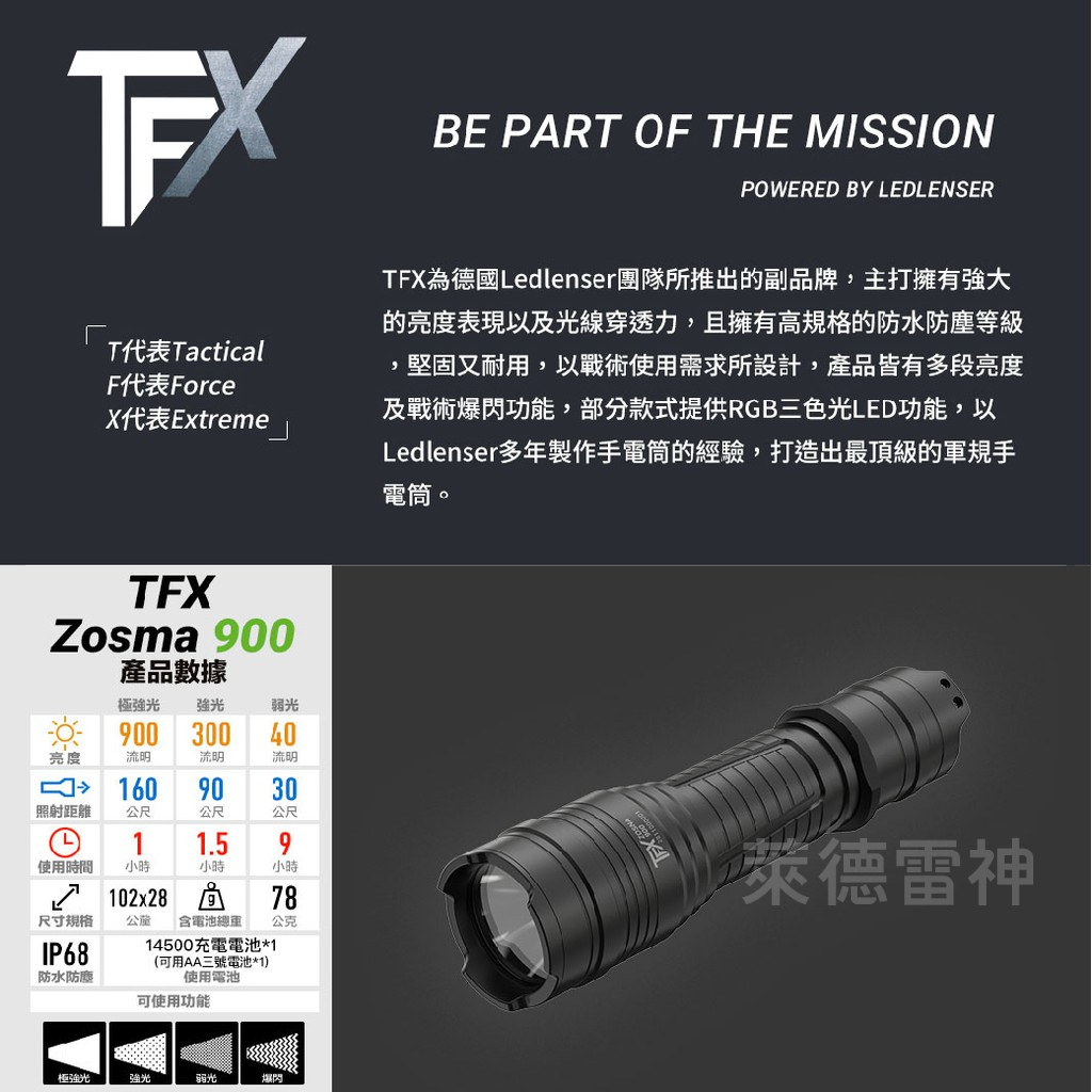 【德國Ledlenser】副品牌 TFX Zosma 900 戰術型充電手電筒, , large