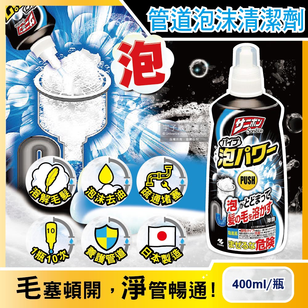 [日日好物]日本小林製藥-超濃密泡泡Sanibon衛浴水管疏通劑400ml/黑瓶(洗手台排水管泡沫清潔疏通劑,排水口防堵塞除臭劑,溶解毛髮除油垢疏通劑)