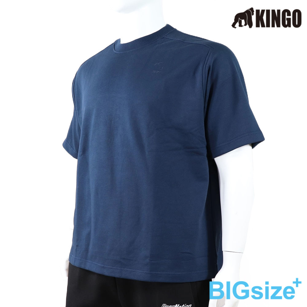 KINGO-大尺碼-連袖 圓領T-丈青-513002, , large