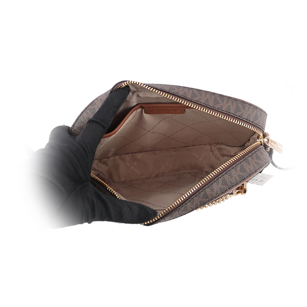 Michael Kors 金字滿版塗層帆布附鏈帶前口袋方包/咖啡色, , large