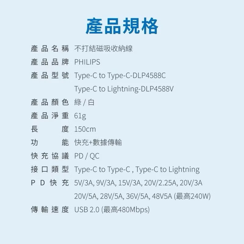 【Leo手機周邊專賣店】 PHILIPS飛利浦 不打結磁吸收納線 / Type C-Type C / 白色, , large