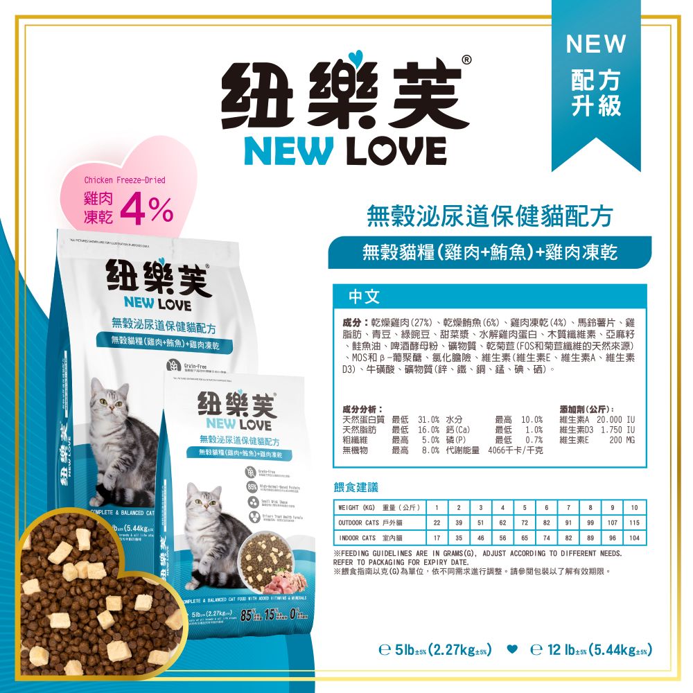 【拉拉寵物小舖】NEW LOVE 紐樂芙 貓飼料 凍乾飼料 泌尿道保健【雞鮪+雞肉凍乾】12磅 極小顆粒 高蛋白 無穀, , large