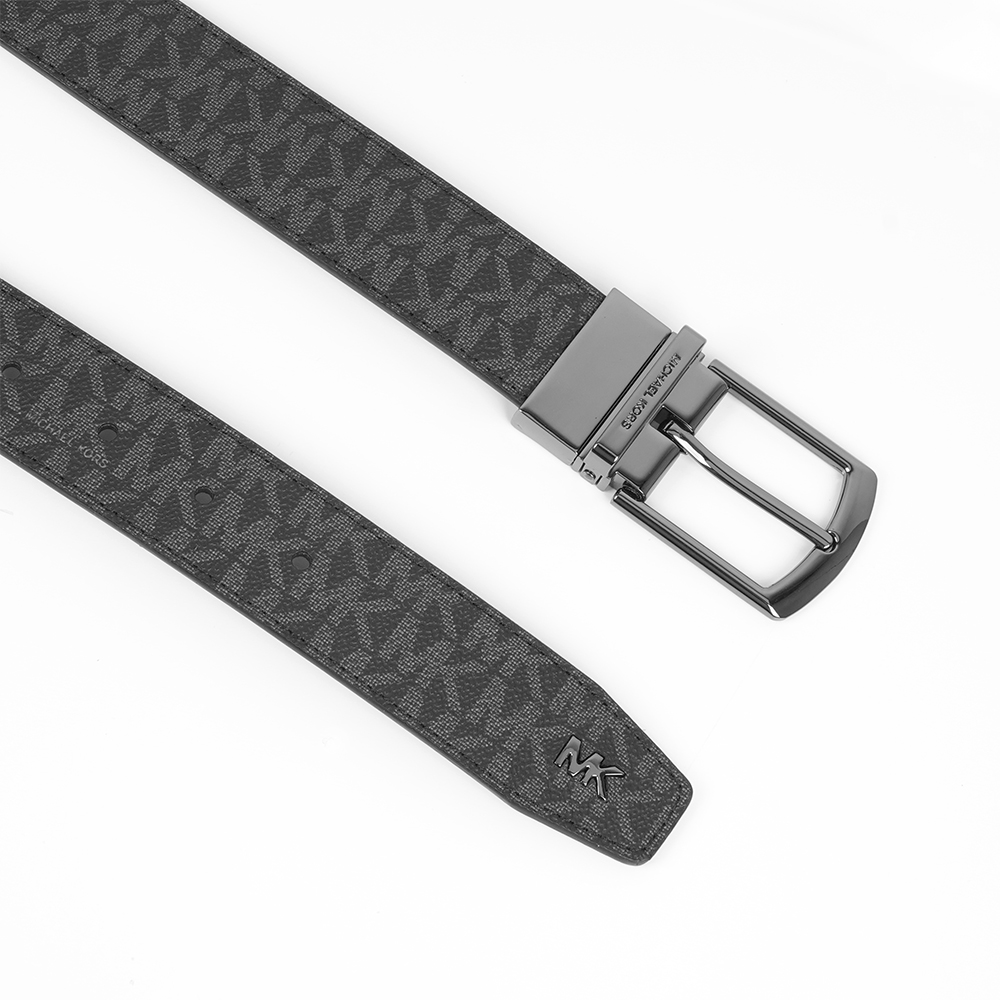 Michael Kors 銀字Logo 塗層帆布寬34mm指針式雙面可用皮帶(黑灰色/黑色), , large