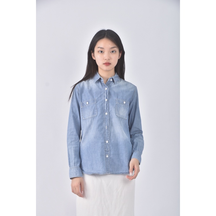 (S) uniqlo質感丹寧牛仔棉質純棉藍色長袖上衣二手衣, , large