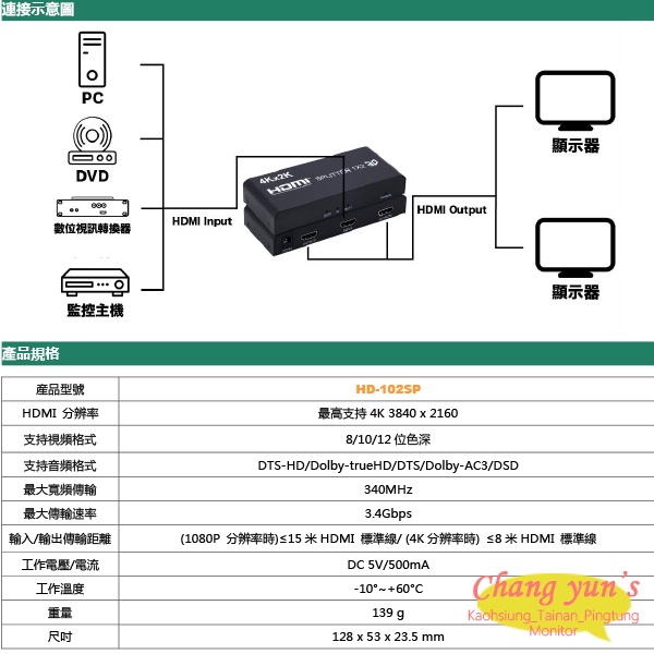 昌運監視器 HD-102SP 4K HDMI一進二出影像分配器, , large