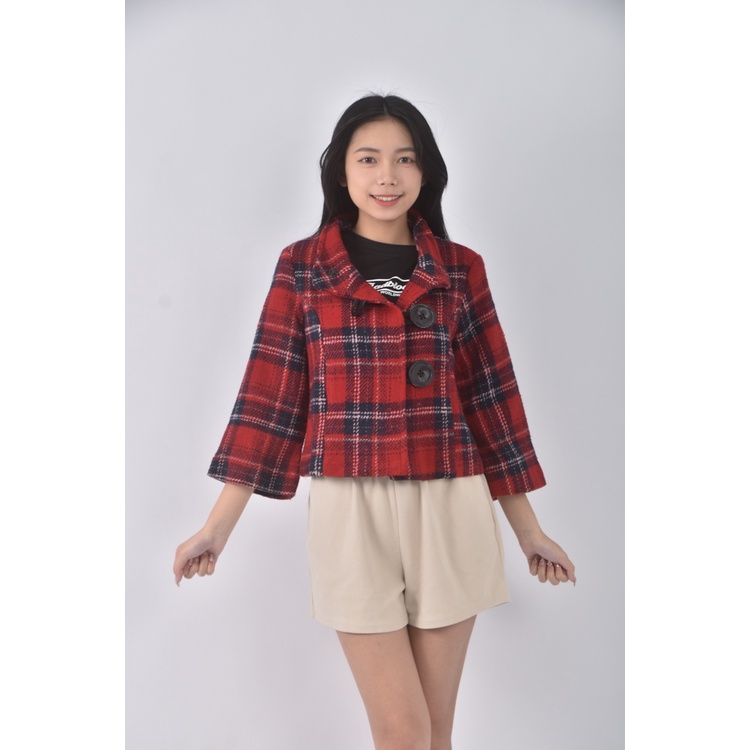 (S) 質感棉質格紋紅色外套二手衣, , large