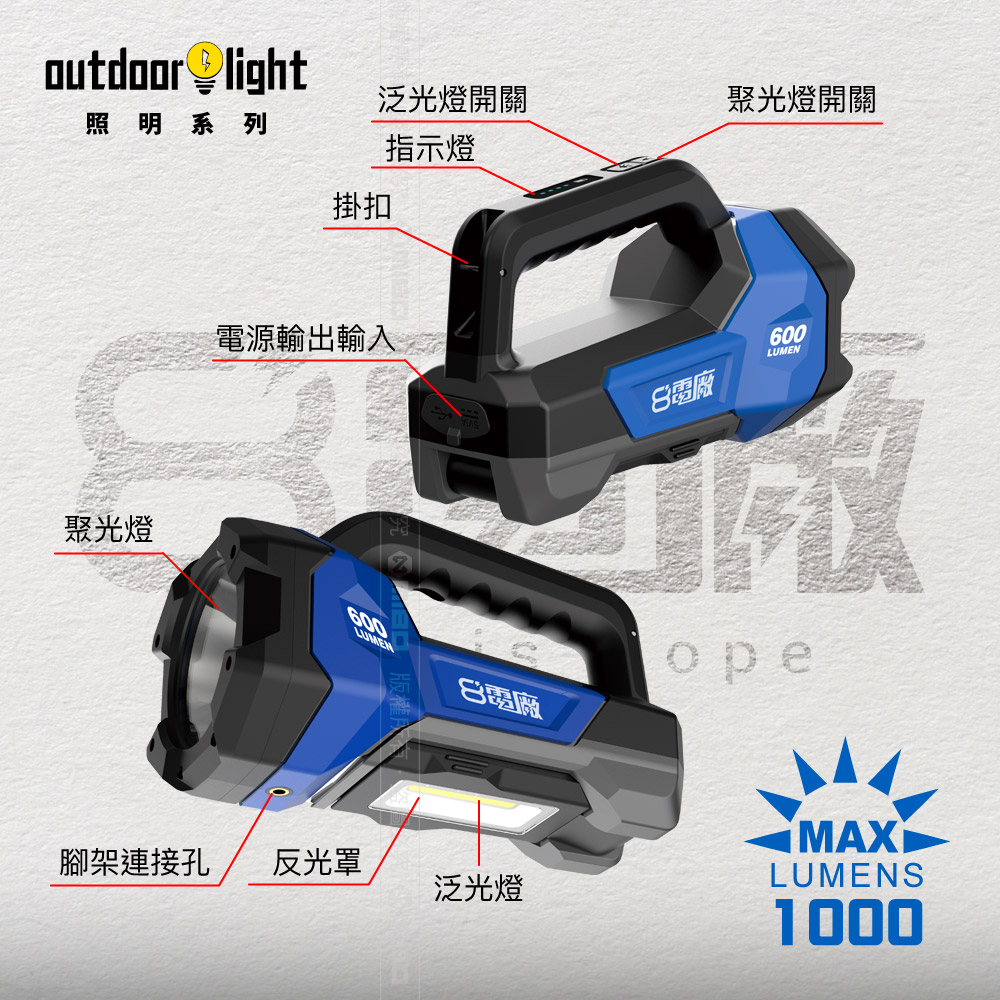8電廠 MB-6677 充電式 多功能 手持探照燈 工作燈 1000流明, , large