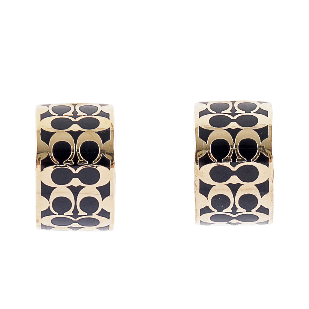 COACH CC Logo 滿版琺瑯環狀耳環(金色/黑色), , large