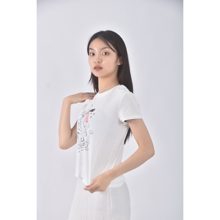 (S) a la sha質感印花白色短袖上衣二手衣, , large