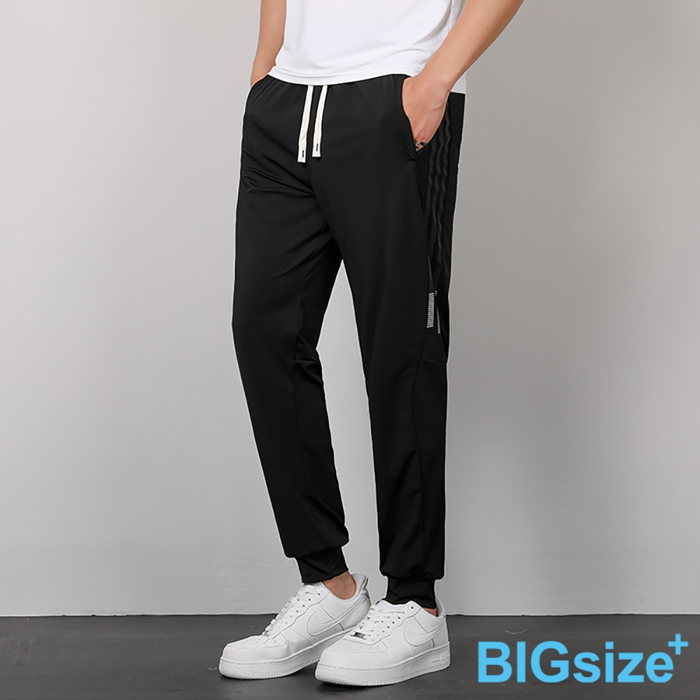 大尺碼-印花 排汗 束口 冰絲長褲-黑/深灰-0204205, 01黑, large