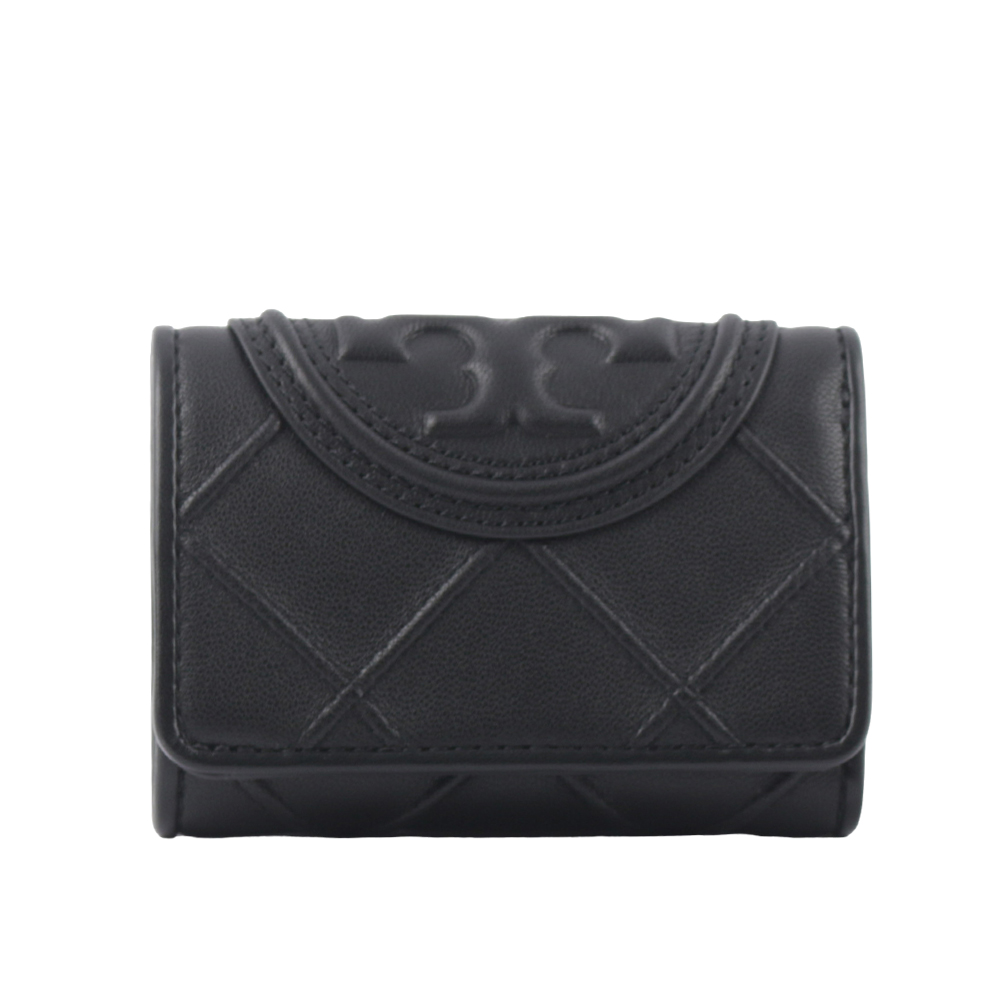 TORY BURCH Fleming 縫線納帕皮革小款三折短夾/黑色, , large