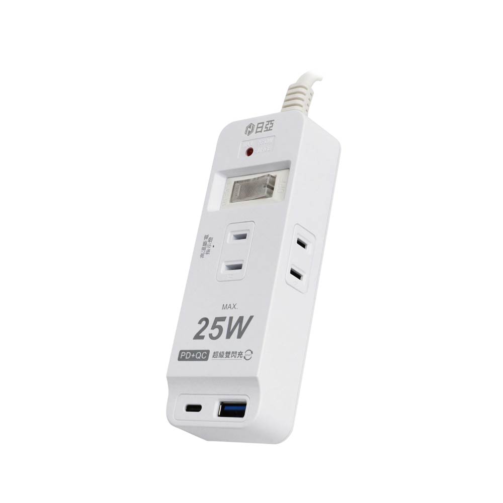 [寶旺旺] 日亞 防雷2孔1開3插PD 25W Type-C+QC3.0快充USB延長線6尺(1.8M)(新安規 iphone適用) C-08P25L, , large