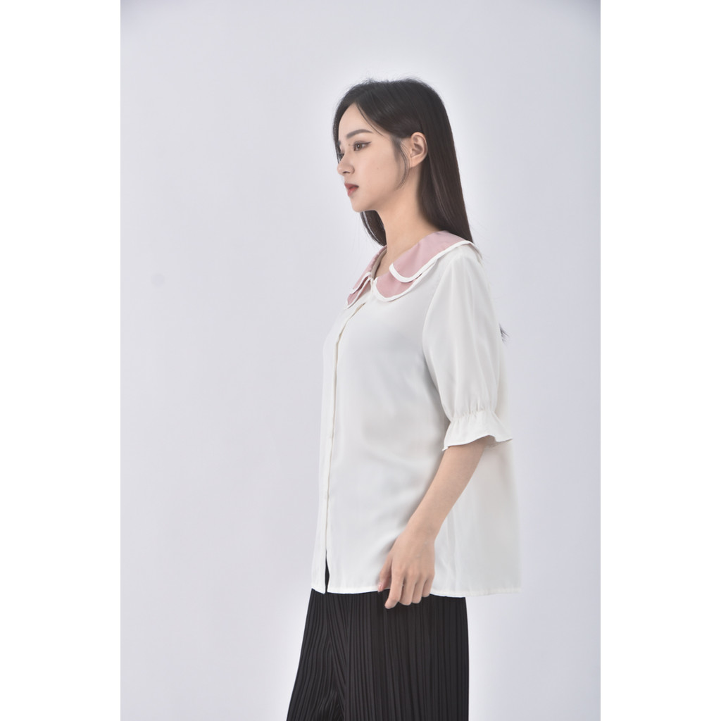 (S) mei ren yu質感荷葉領口白色短袖上衣二手衣, , large