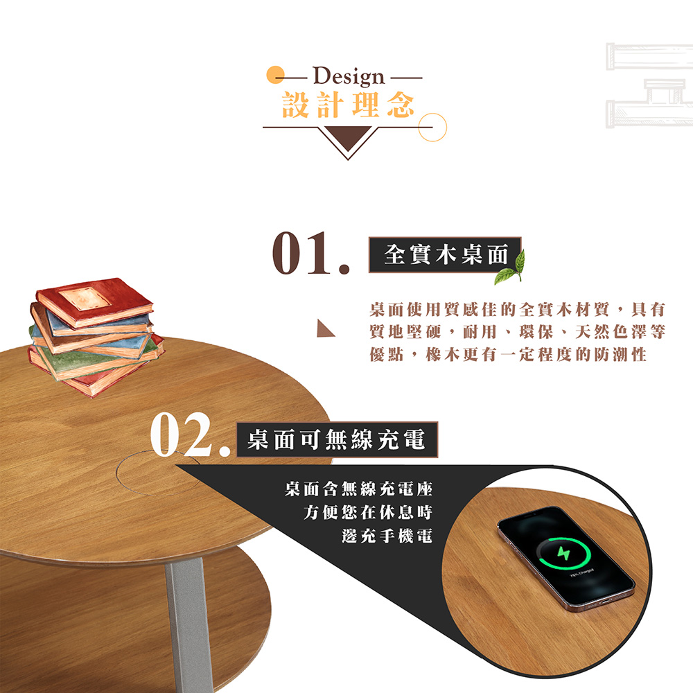 【Hampton 漢汀堡】萊頓實木免組裝無線充電圓茶几-橡木/香檳, , large