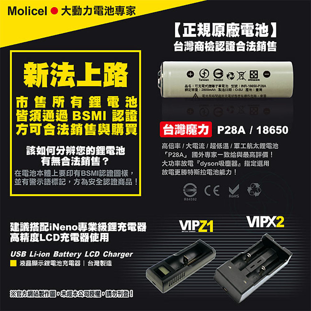 【Molicel】18650 高倍率動力型鋰電池2800mAh 2入-平頭, , large