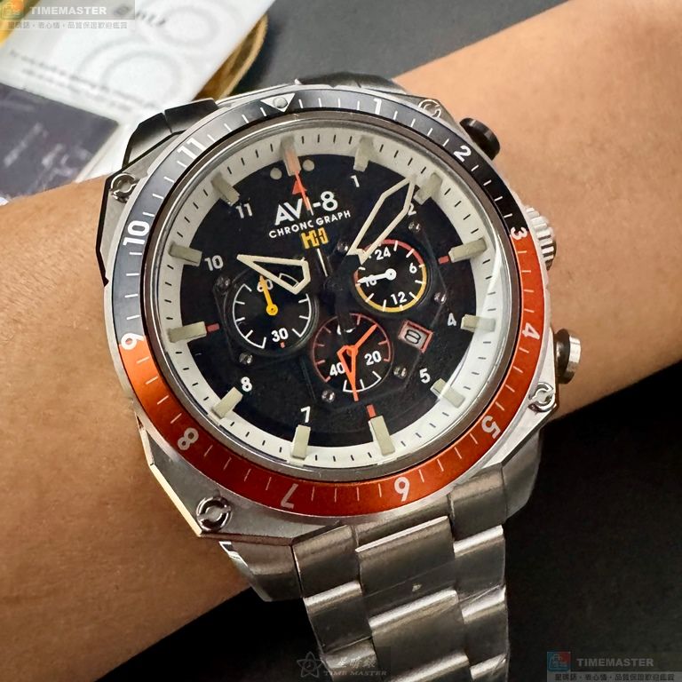 [星晴錶業]新品牌手錶,44mm,AV00003黑色錶面銀錶殼銀色精鋼錶帶款, , large