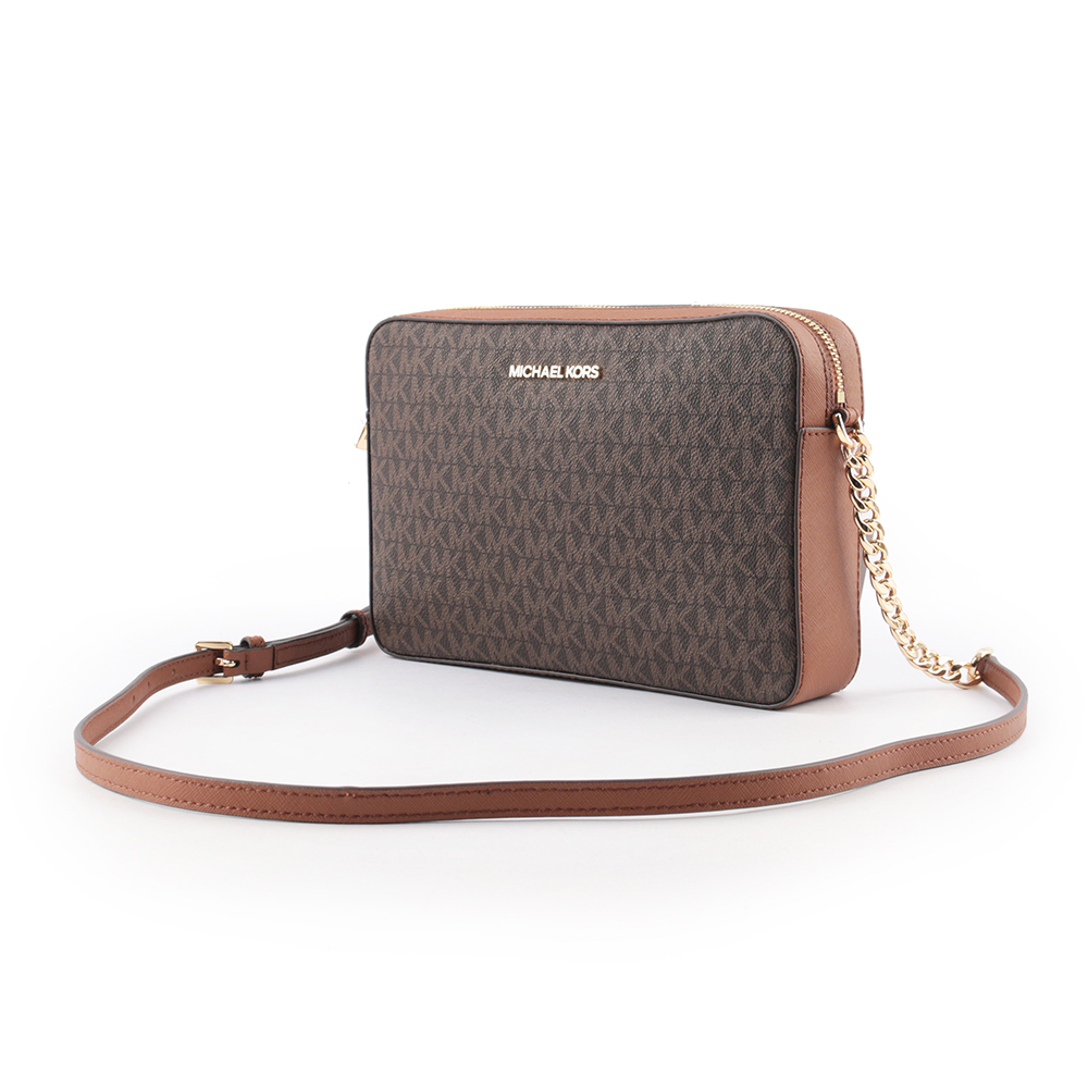 Michael Kors 金字滿版LOGO拚色方形鏈帶斜背包/咖啡色, , large