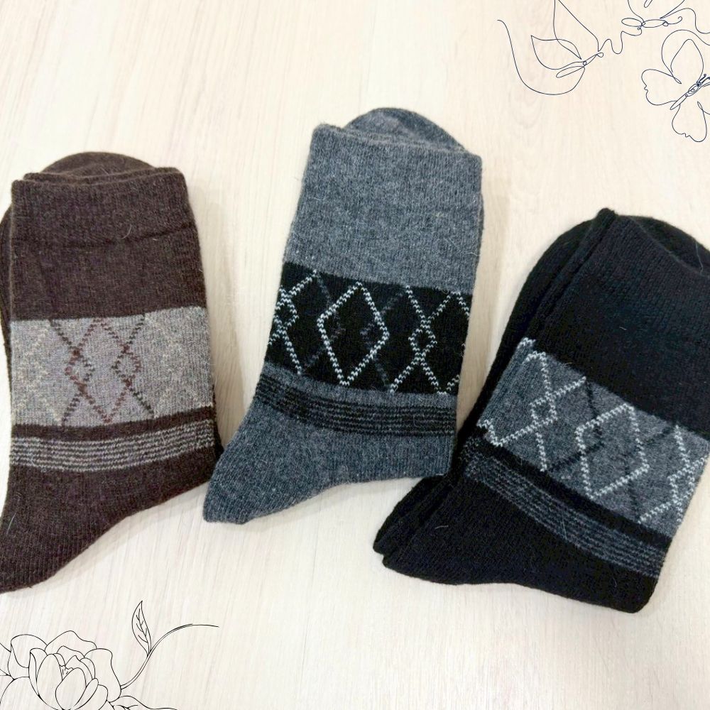 [Kaimi Cotton] 7-Pair Set &ndash; Random Colors &ndash; Winter Essential (Men&rsquo;s) Premium Thermal Wool Socks &ndash; Cold-Proof / Warm / Long Winter Socks &ndash; Argyle Design, , large