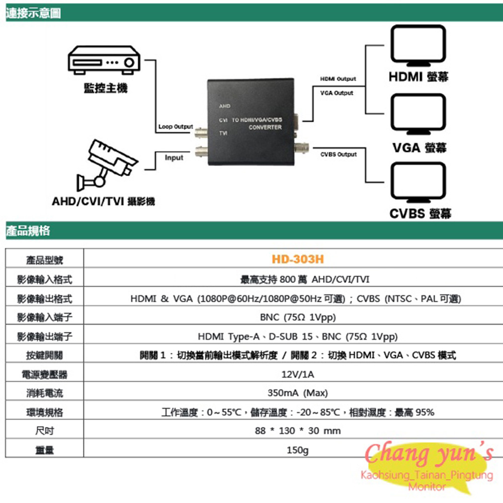 昌運監視器 HD-303H 8MP AHD/CVI/TVI轉HDMI/VGA/AV轉換器, , large