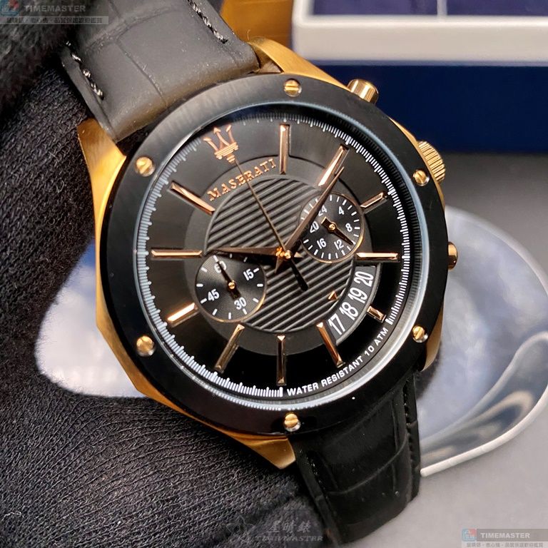 [星晴錶業]MASERATI手錶,46mm,R8871627001黑色錶面玫瑰金錶殼深黑色真皮皮革錶帶款, , large
