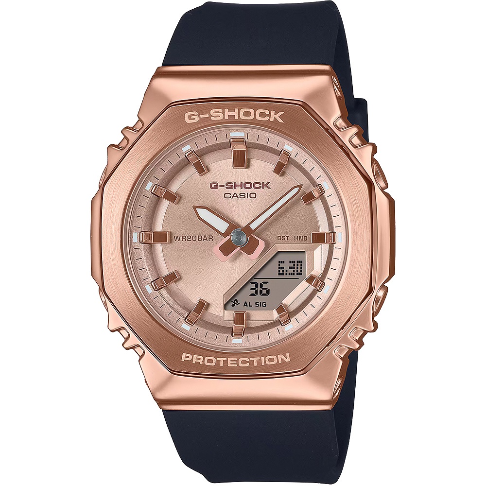 CASIO 卡西歐 G-SHOCK 個性時尚 八角金屬錶殼 雙顯手錶-玫瑰金x黑 GM-S2110PG-1A4, , large