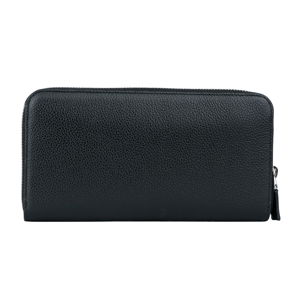 PRADA 銀色三角牌Logo 粒紋皮革ㄇ型拉鍊長夾/黑色, , large