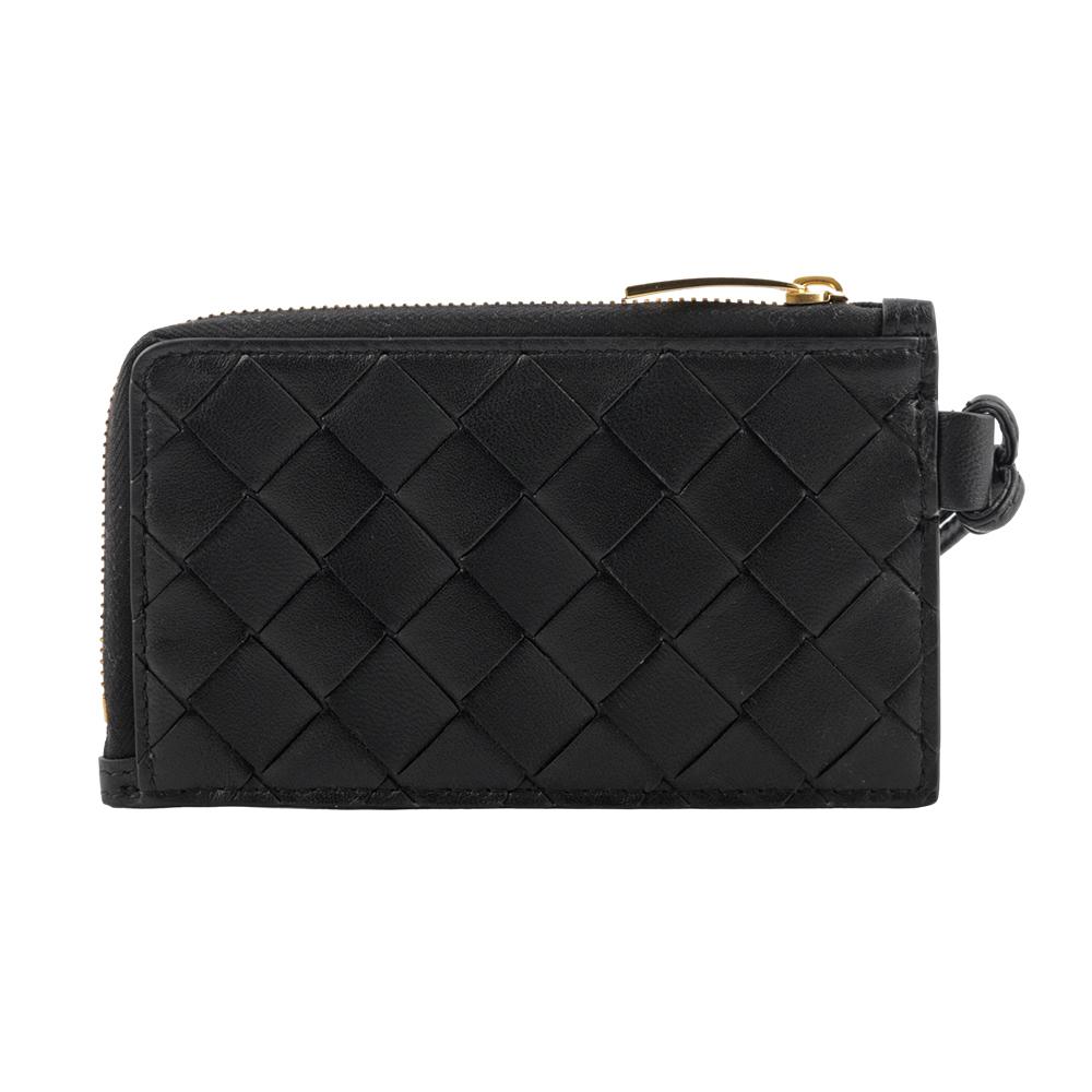 BOTTEGA VENETA L 型金色拉鍊小羊皮編織附鑰匙釦卡包/零錢包/黑色, , large