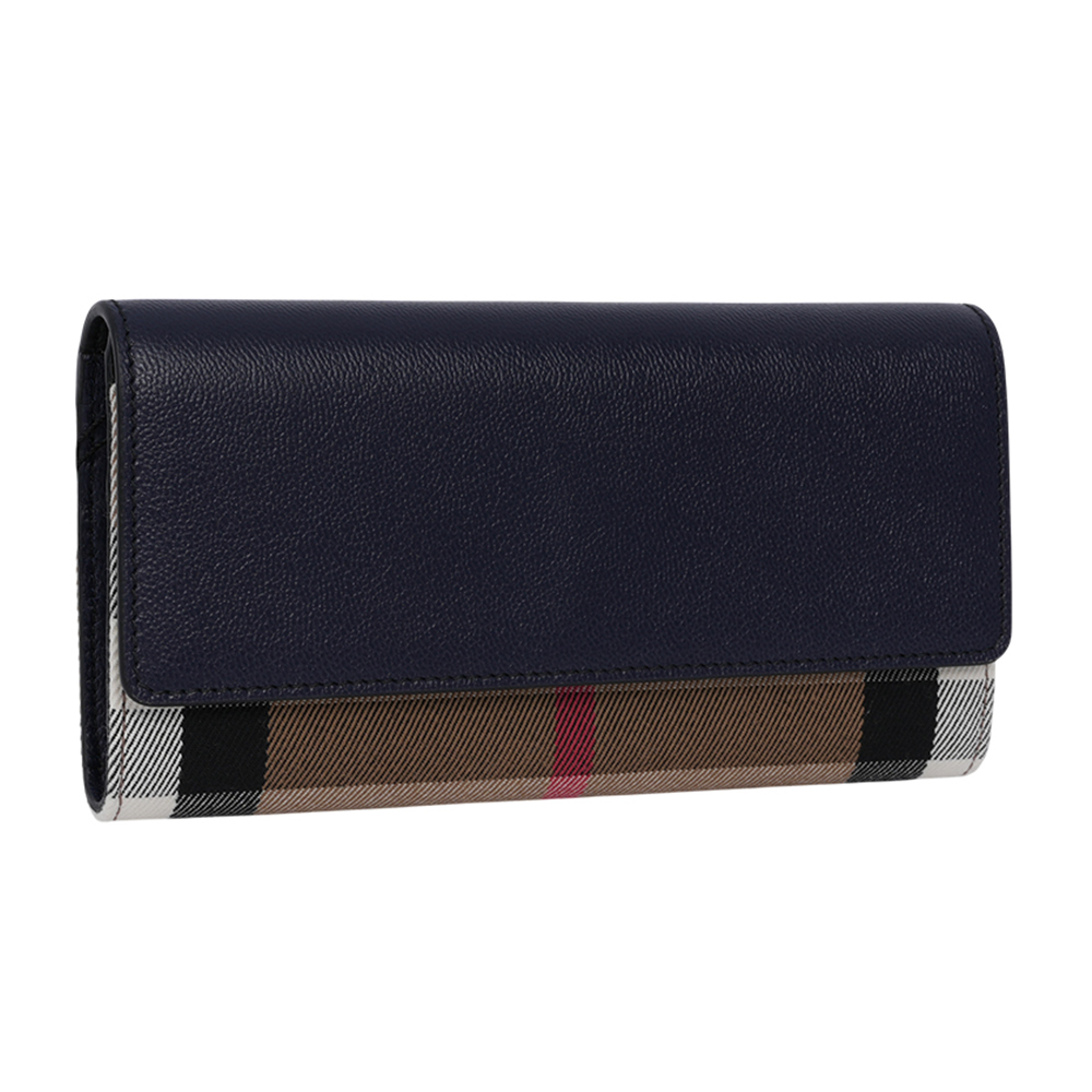 BURBERRY Halton 大格紋帆布及牛皮翻蓋二折長夾/海軍藍, , large