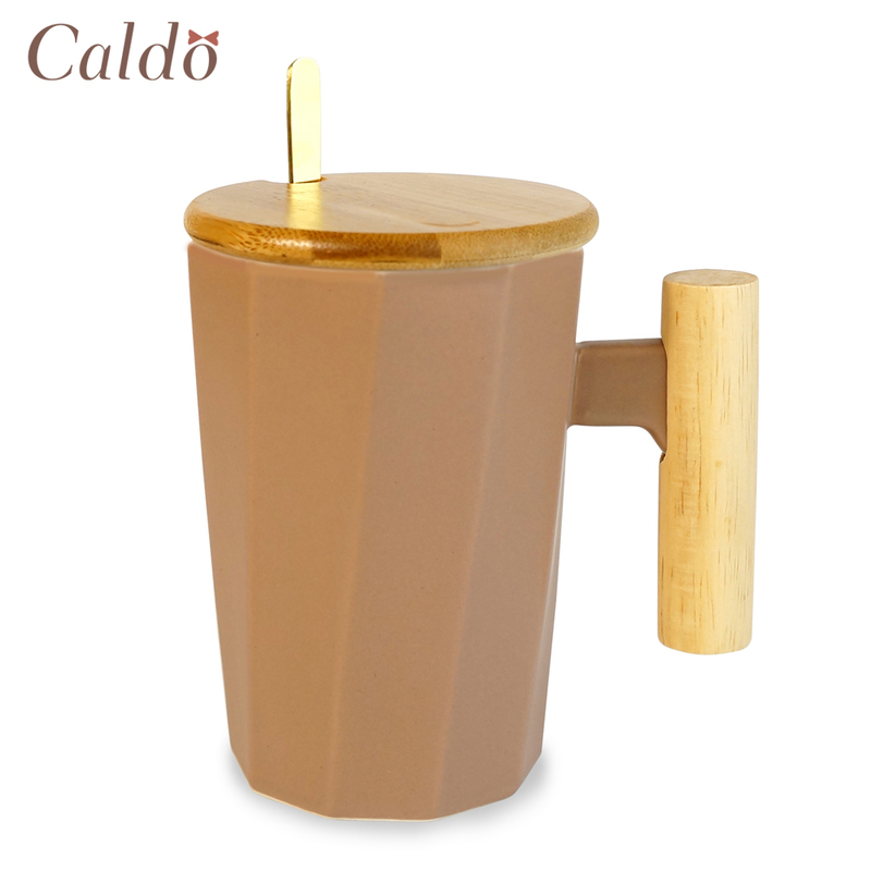 [ Caldo卡朵 ] 質感北歐木柄斜紋附蓋馬克杯 - 粉藕, , large