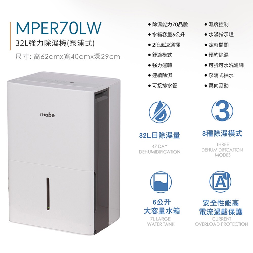 Mabe 32L Powerful Dehumidifier MPER70LW, , large
