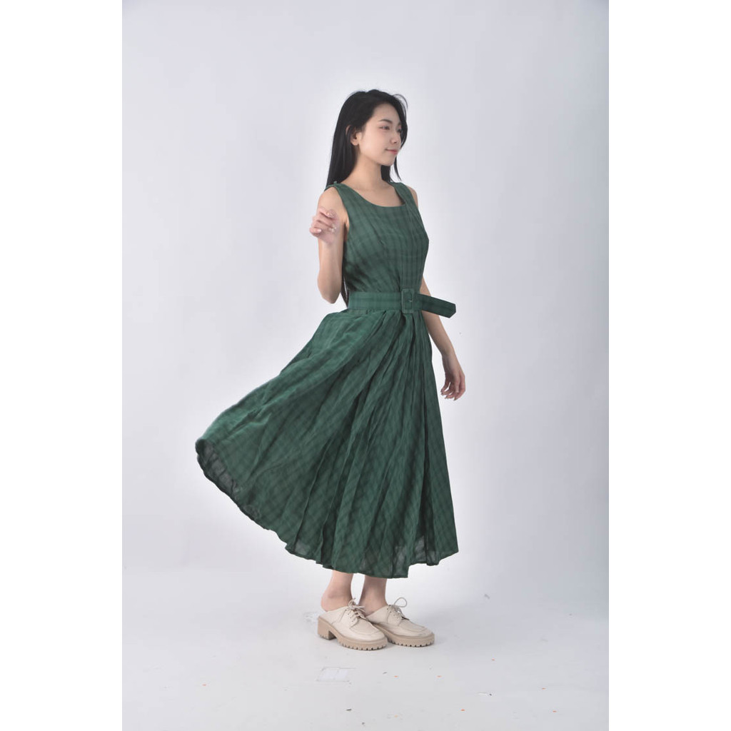 (S) 格子 無袖綠色洋裝二手衣, , large