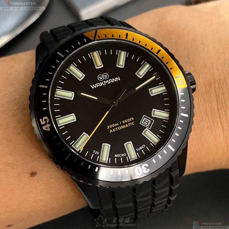 [星晴錶業]WAKMANN手錶,42mm,WA00033黑色錶面黑錶殼深黑色矽膠錶帶款, , large
