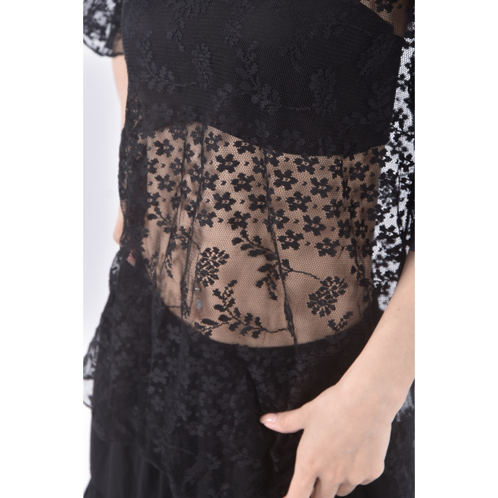 (M) 蕾絲透膚黑色短袖上衣二手衣, , large