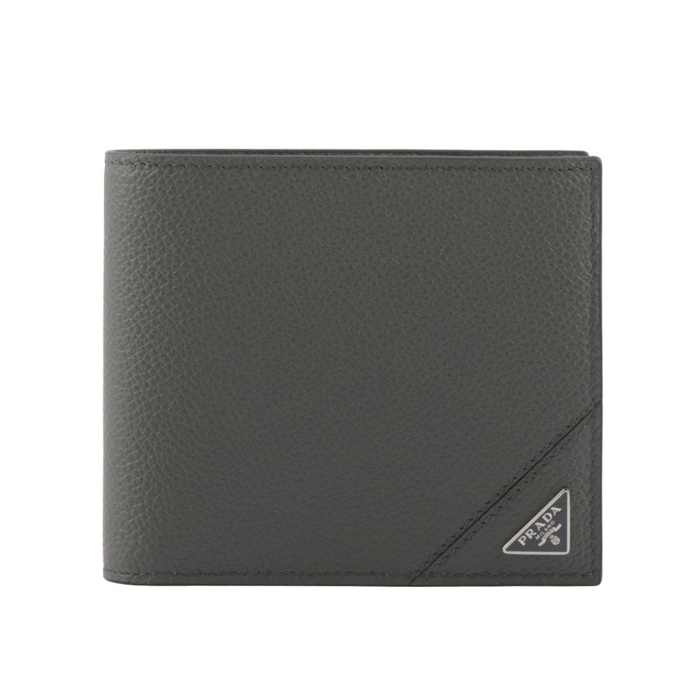 PRADA 三角牌Logo粒紋牛皮對開8卡短夾/灰色, , large