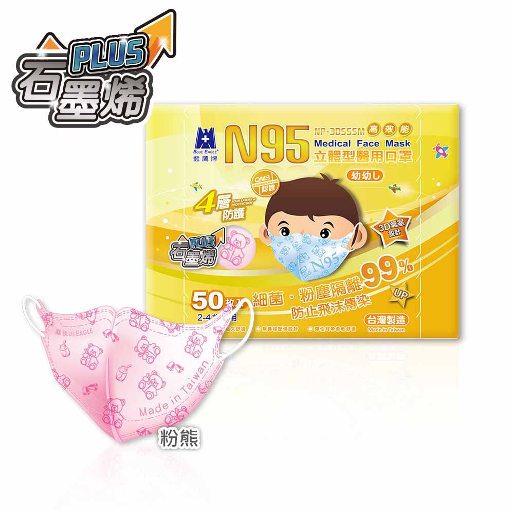 【Blue Eagle】N95 Graphene 3D Kids Medical Face Mask Green Bear (Ages 2-4), , large