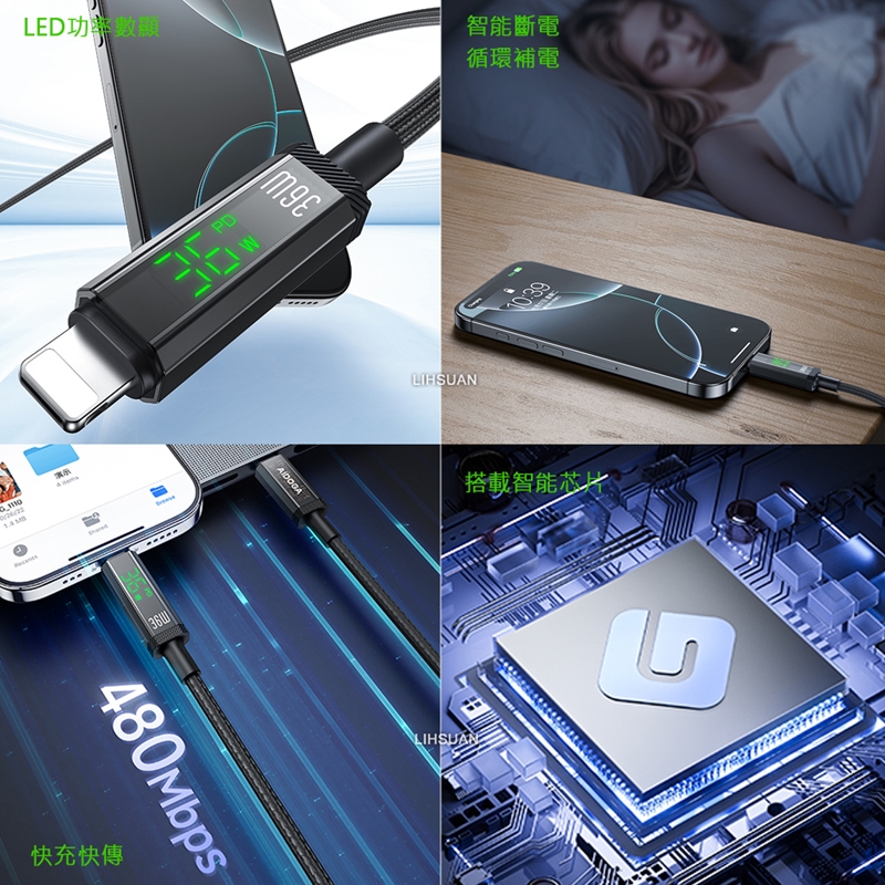 AIDOGA艾迪伽LQ DC4174鎧甲系列三合一 Type-C to Lightning PD智能斷電數顯補電充電傳輸線36W 1.2M, , large
