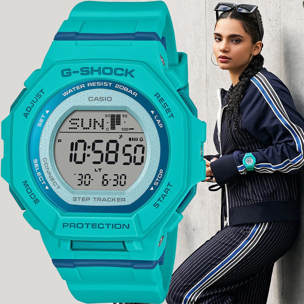 CASIO 卡西歐 G-SHOCK 計步藍芽手錶 清爽色彩女錶-藍綠色 GMD-B300SC-2, , large