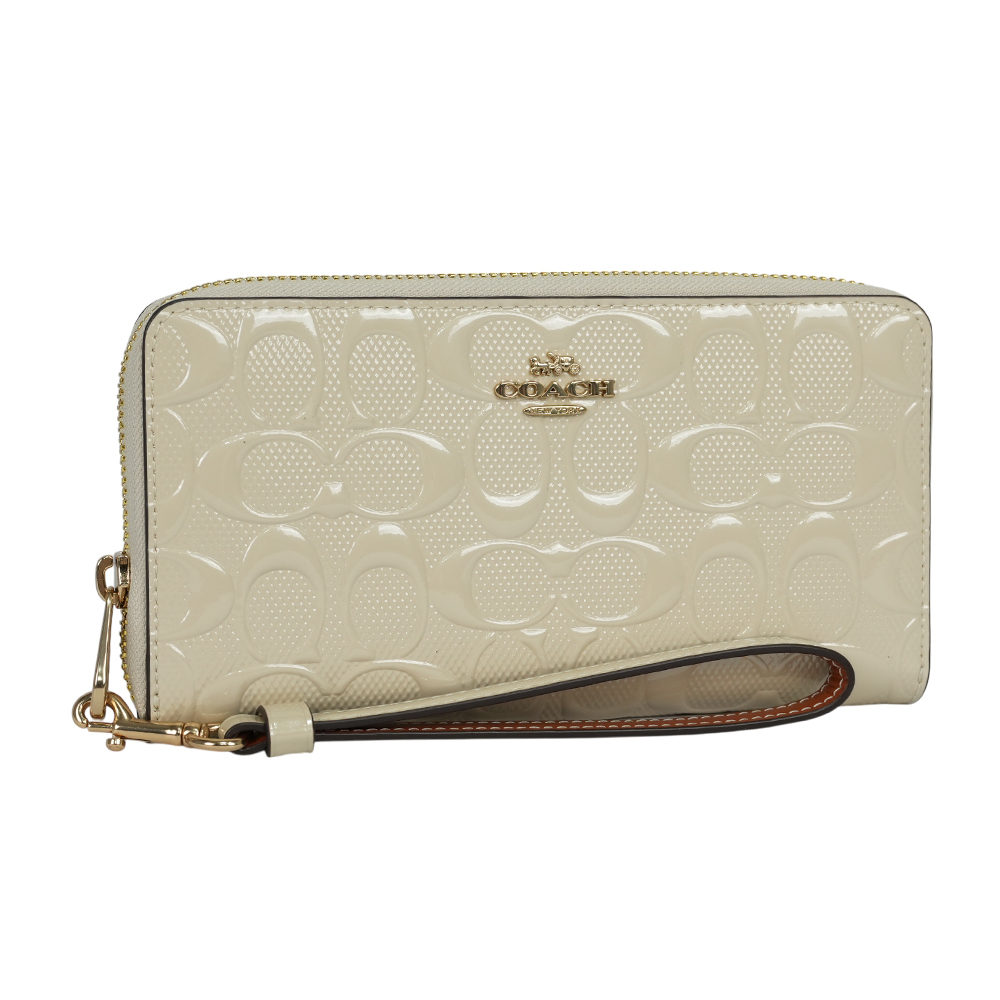 COACH 金字浮雕Logo 漆皮附可拆提把ㄇ形拉鍊長夾/白色, , large