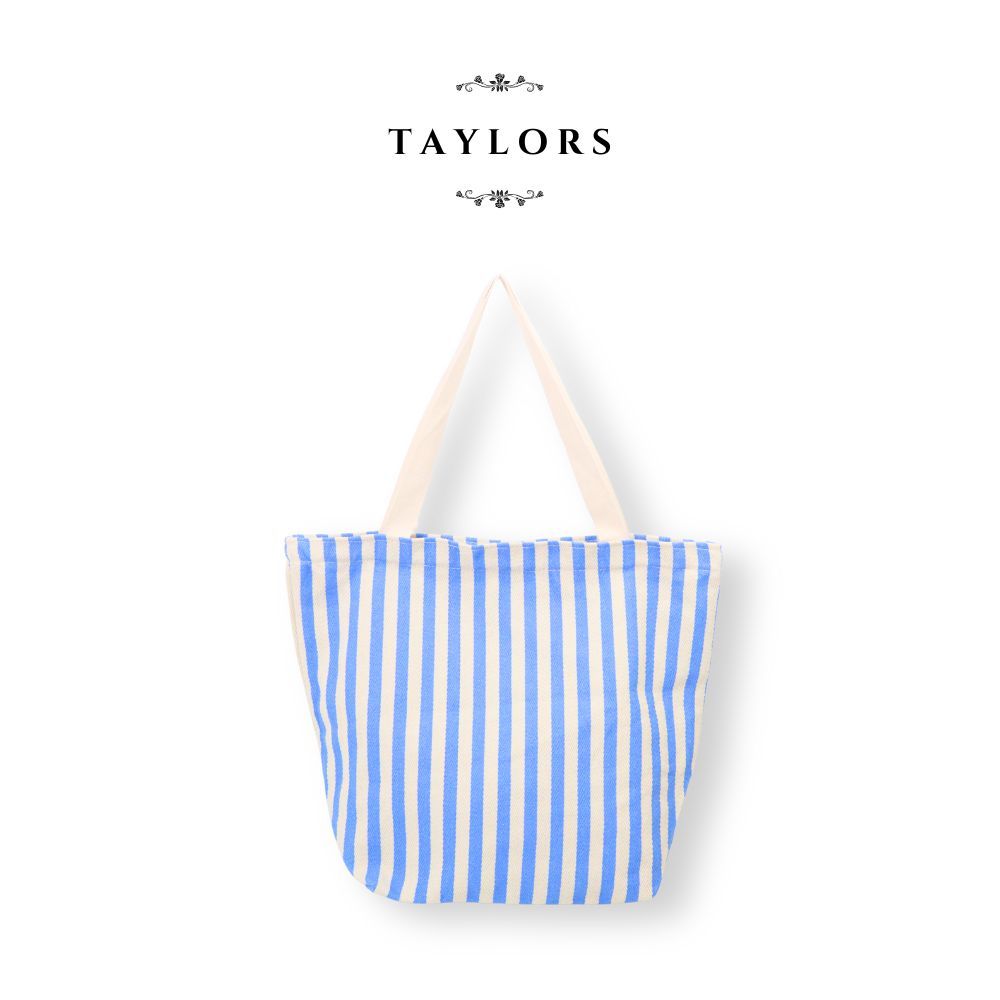 【TAYLORS】韓版 夏日條紋帆布托特包-淺藍 棉布軟包 大容量 帆布袋 手提 肩背包 沙灘袋, , large