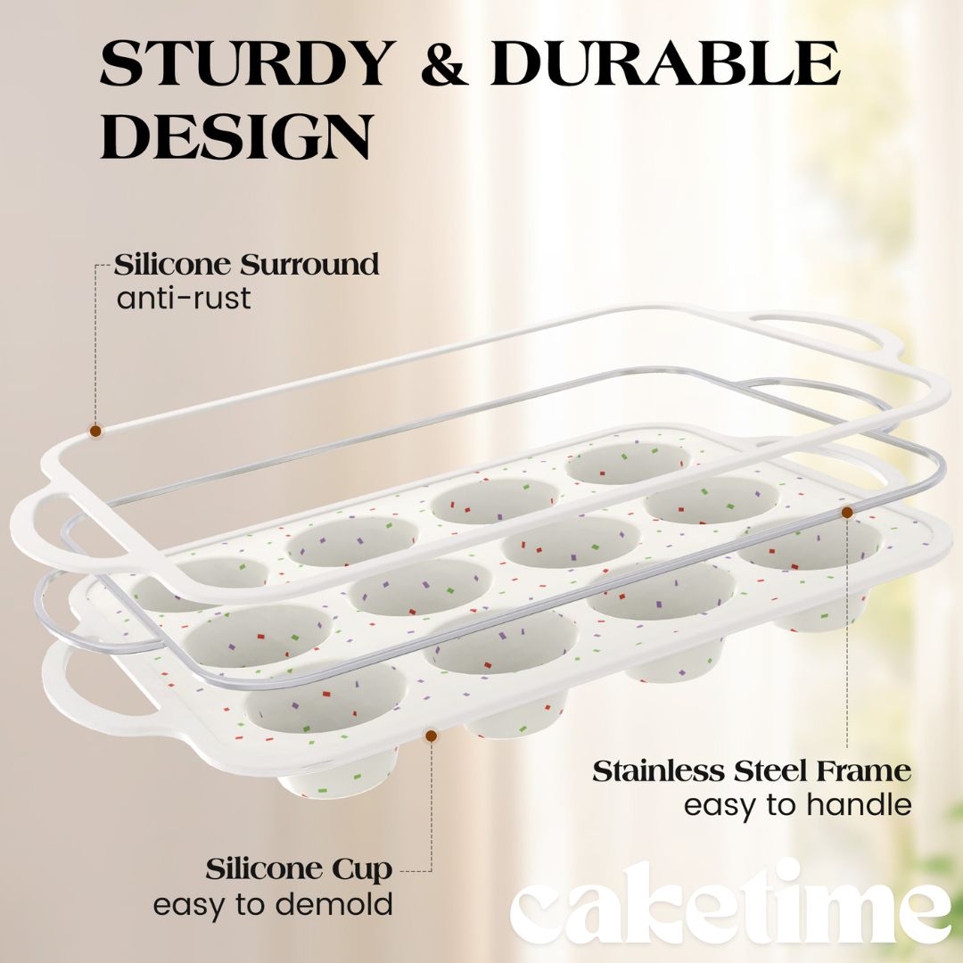 Silicone Muffin Pan for Baking with Metal Reinforced Frame, 12 Cup Regular Size Cupcake Pan, , large