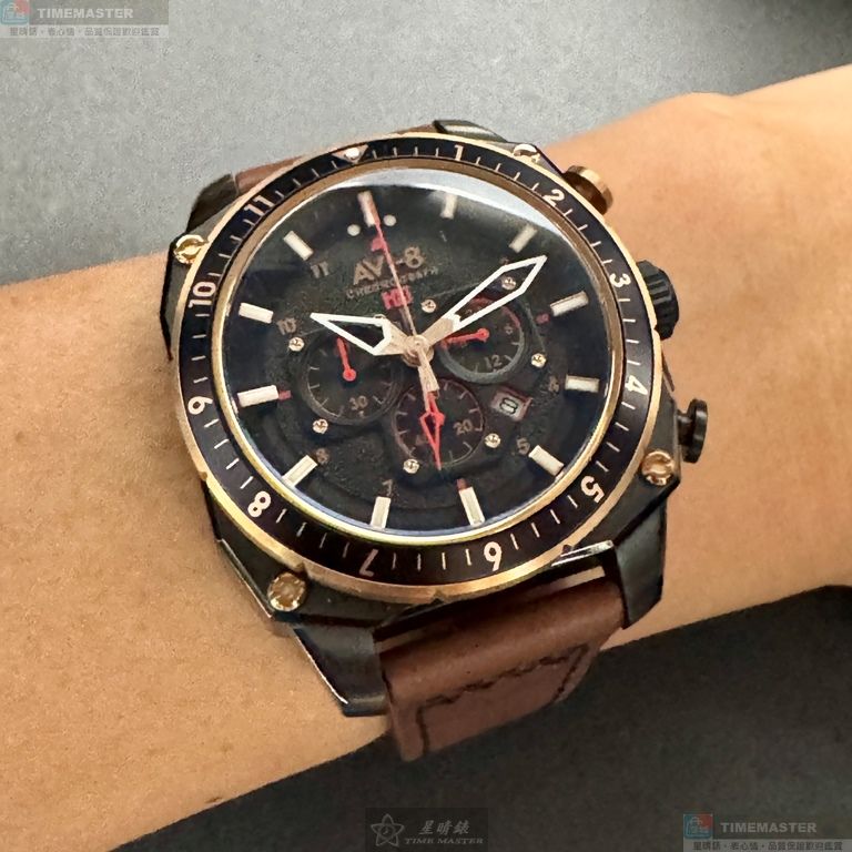 [星晴錶業]新品牌手錶,44mm,AV52667黑色玫瑰金色錶面玫瑰金錶殼咖啡色真皮皮革錶帶款, , large