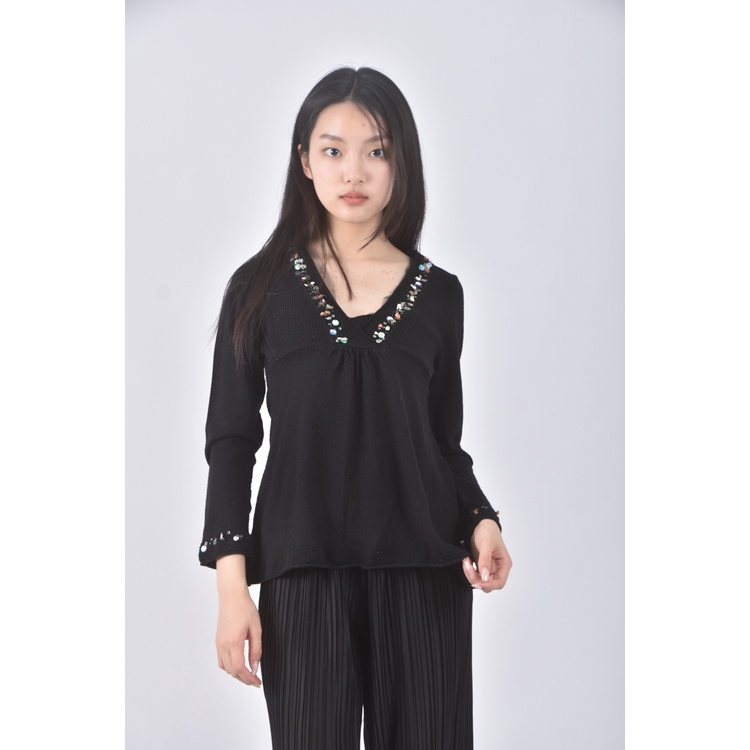 (S) betty s羊毛V領黑色長袖上衣二手衣, , large