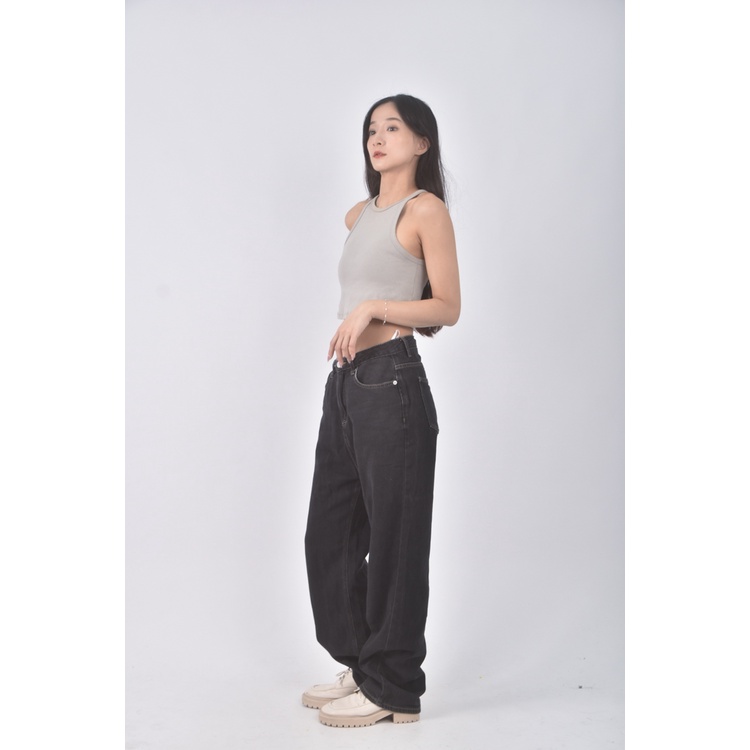 (M) 高腰丹寧牛仔質感黑色長褲二手衣, , large