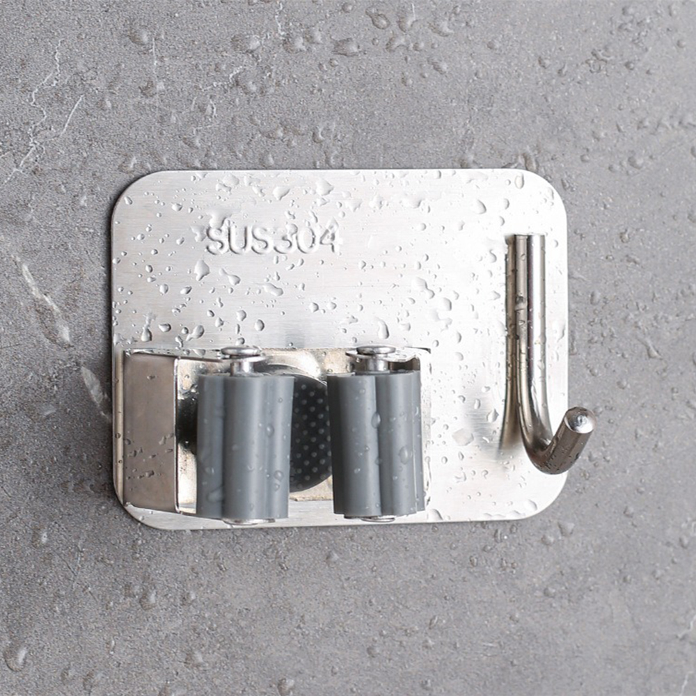 304 Stainless Steel Mop Holder with Hooks, Roller, Broom and Sweeper Storage Hook Rack, No Drill Required, Suitable for Home Kitchen and Bathroom Storage, , large