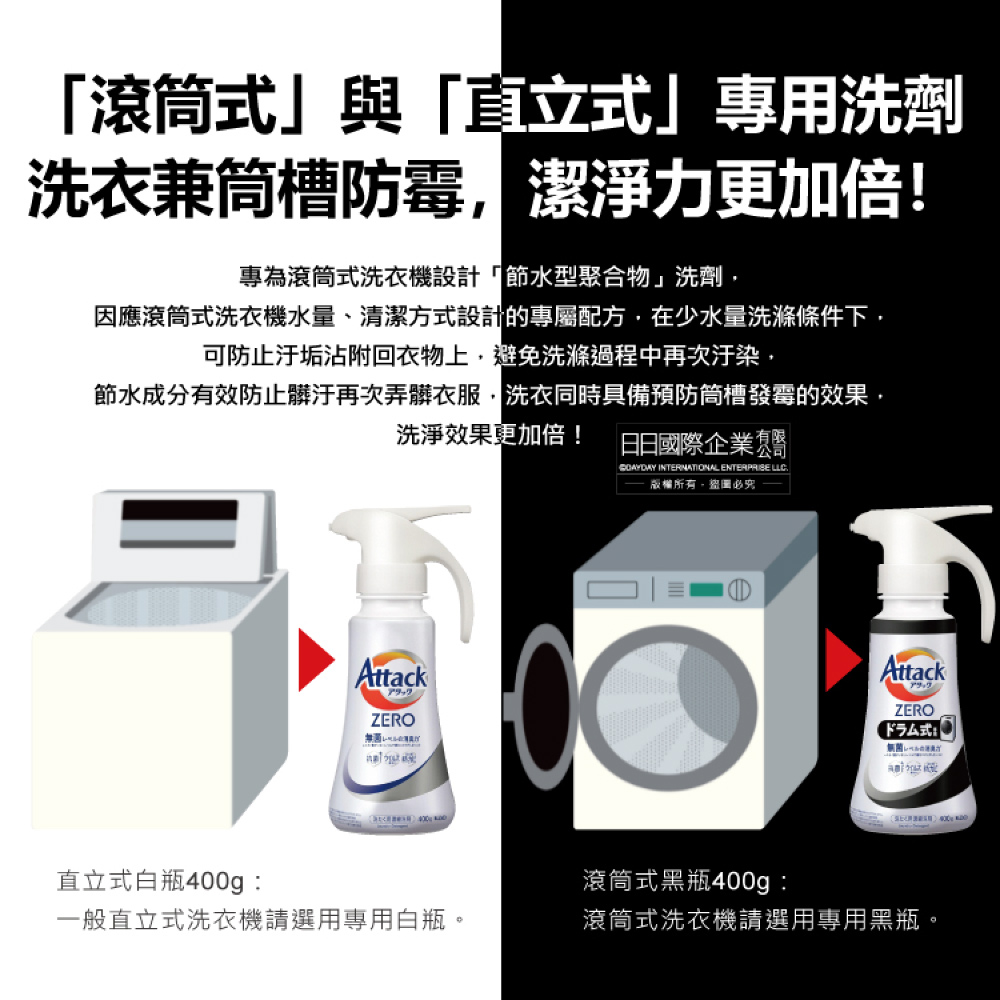 [日日好物]日本KAO花王-Attack ZERO單手按壓瓶噴槍型極淨超濃縮洗衣精400g/瓶-滾筒式黑瓶400g(衣物消臭洗劑,高親水性Bio IOS洗衣凝露,滾筒式/直立式筒槽防霉), , large