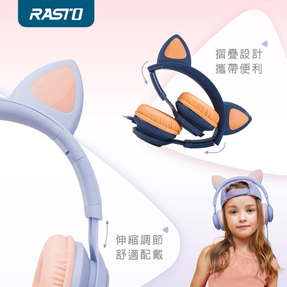 RASTO RS55 Cute Cat Kids Headphones - 85 dB Volume Limit, Non-Toxic Material, Eco-Friendly Design Purple/Blue, , large