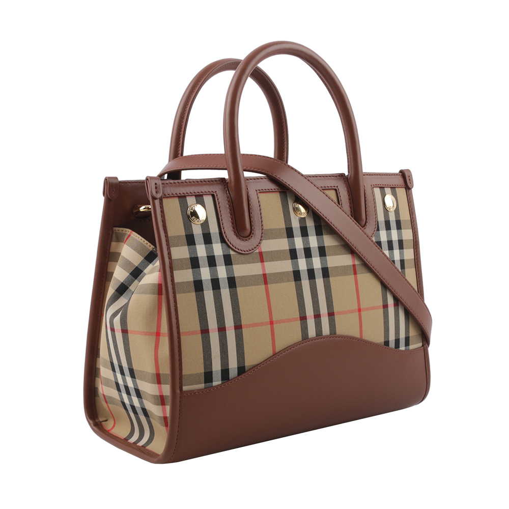 BURBERRY Title 格紋帆布及小牛皮小款手提/斜背二用包/棕褐色, , large