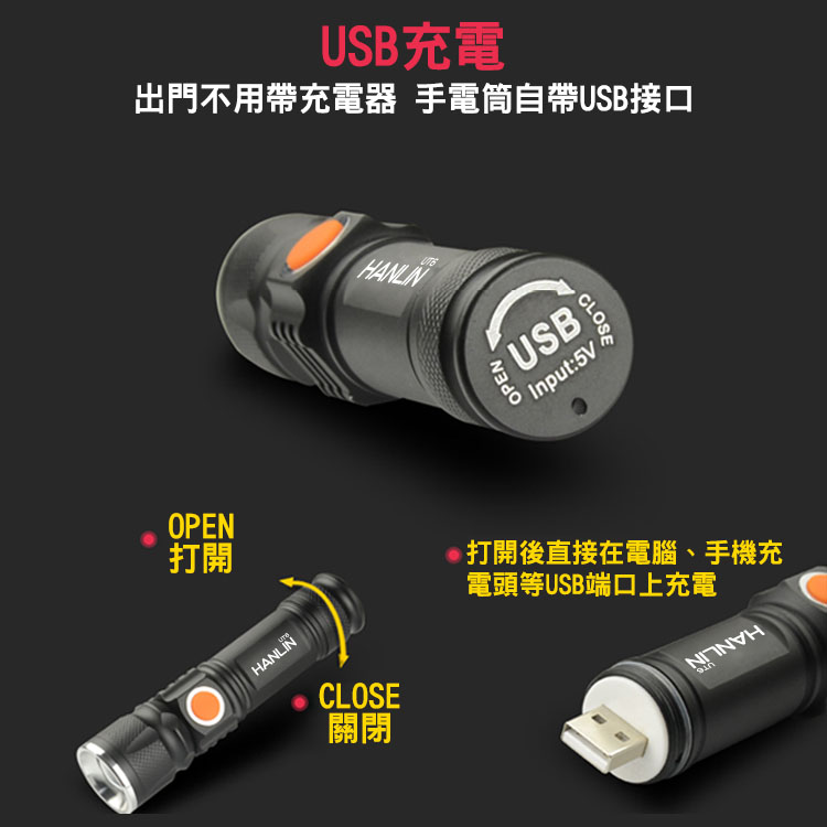 [HANLIN]-UT6 隨身迷你T6強光手電筒-伸縮變焦(USB直充)#現貨 鋁合金 伸縮變焦 USB 免電池 露營(紅色), , large